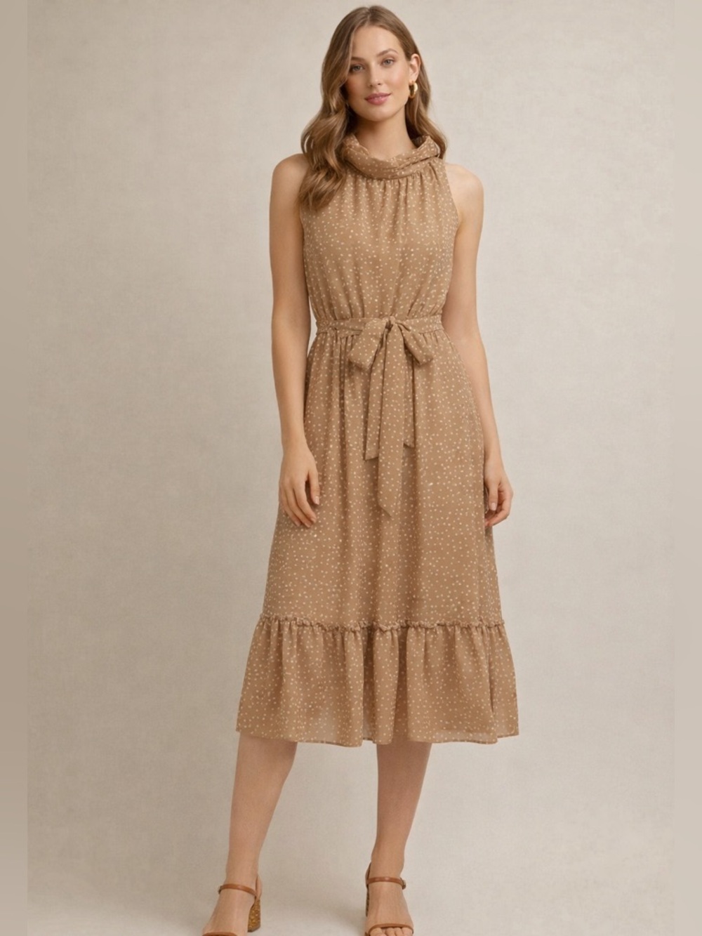 Tan and White Polka Dot Sleeveless Dress 6